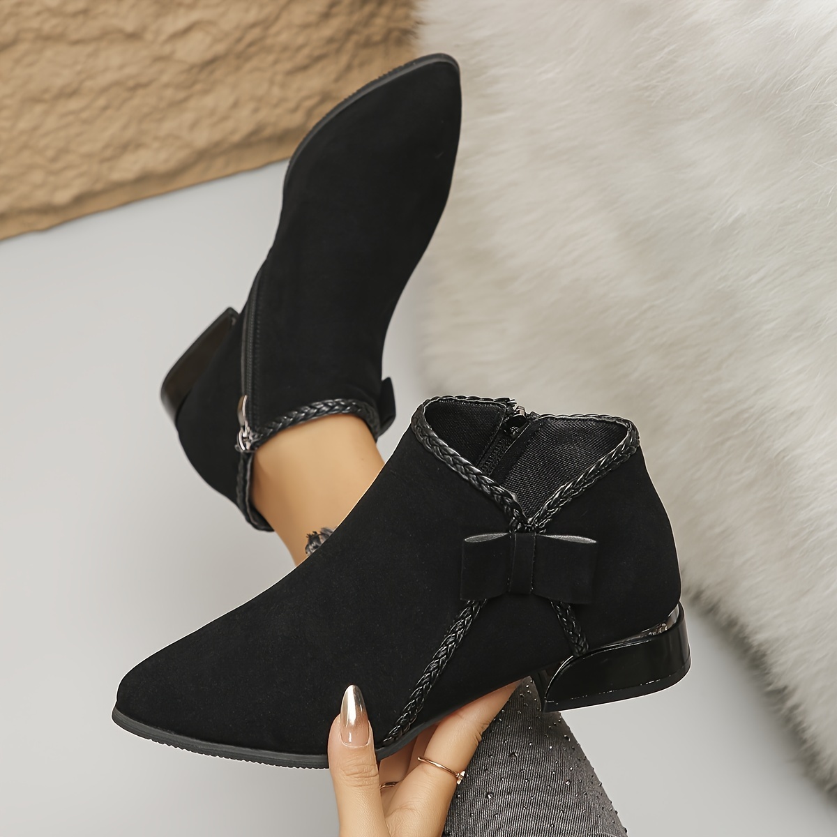 Bowknot Fashion Versatile Chunky Mid Heel Ankle Boots