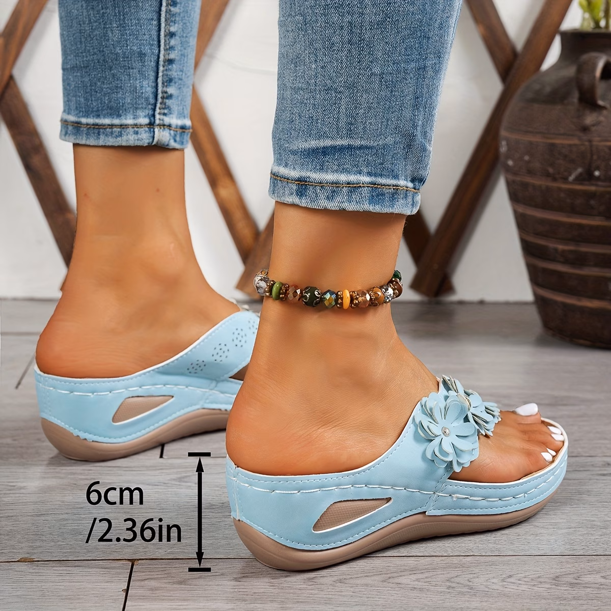 ladies fashion flip flops casual open toe flat sandals with floral decorations comfortable pu sole   wear standard fit details 2