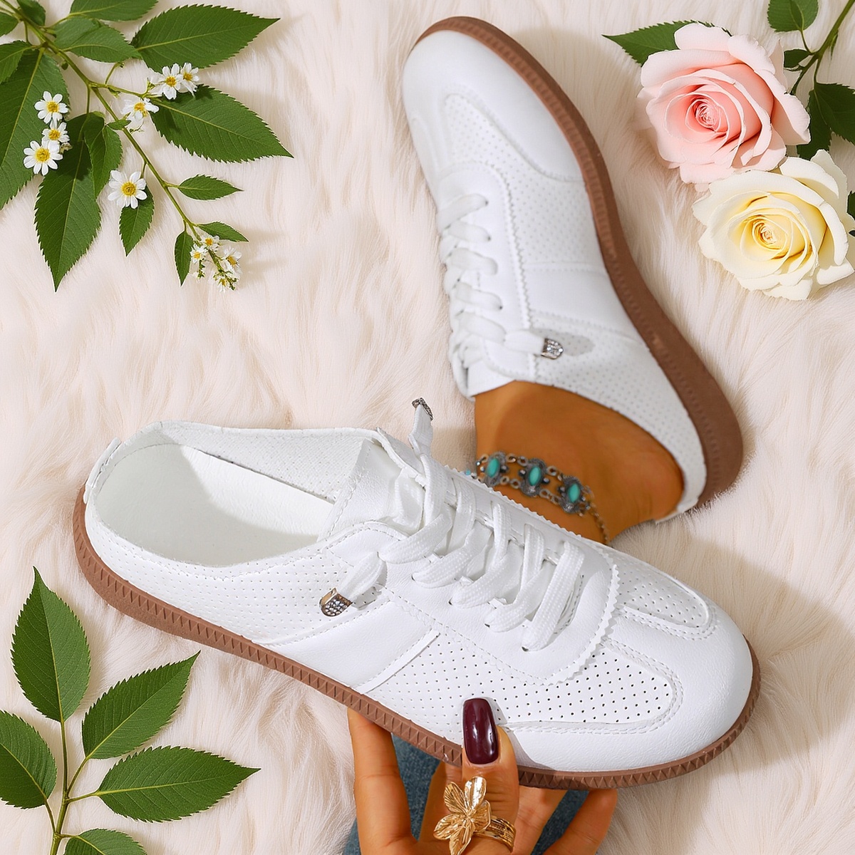 Casual Lace-Up Low-Top Round-Toe Semi-Slippers