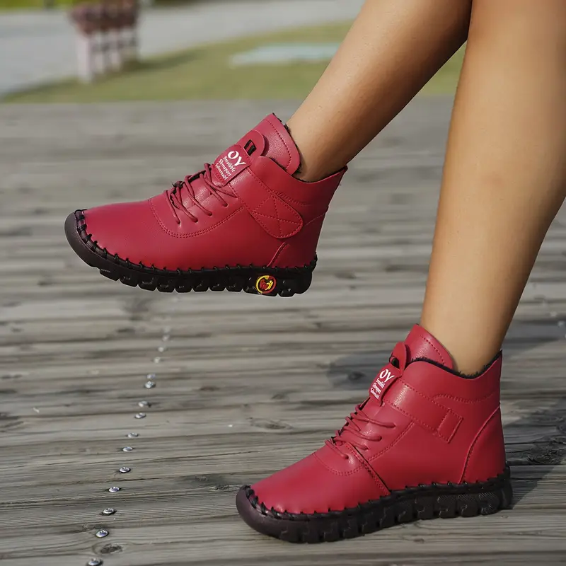 womens new high top anti slip waterproof warm winter boots solid color handcrafted stitching casual fashion shoes with hook and loop fastener round toe flat heel synthetic upper fabric inner insole   sole details 5