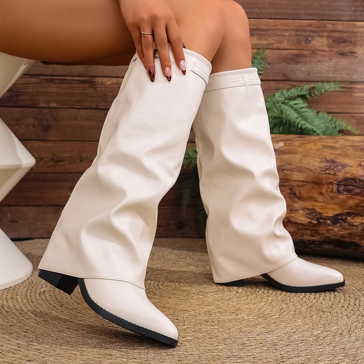 Chunky Block Heel Slip-On Pointed Toe Winter Boots