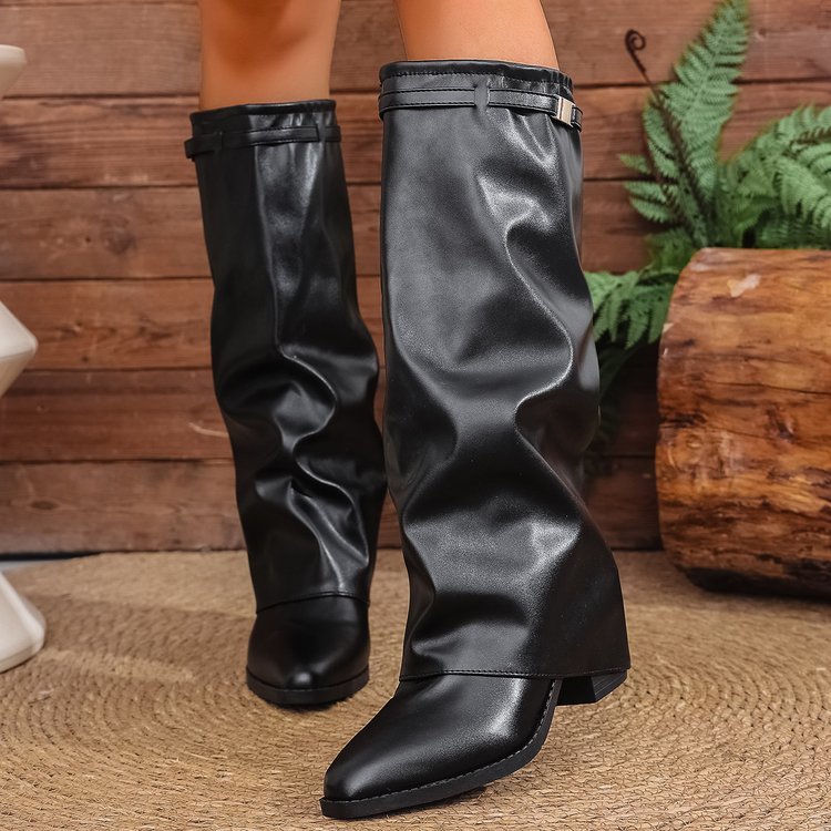 Chunky Block Heel Slip-On Pointed Toe Winter Boots
