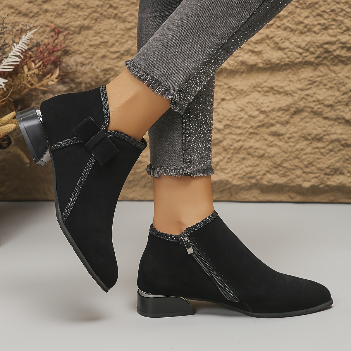 Bowknot Fashion Versatile Chunky Mid Heel Ankle Boots