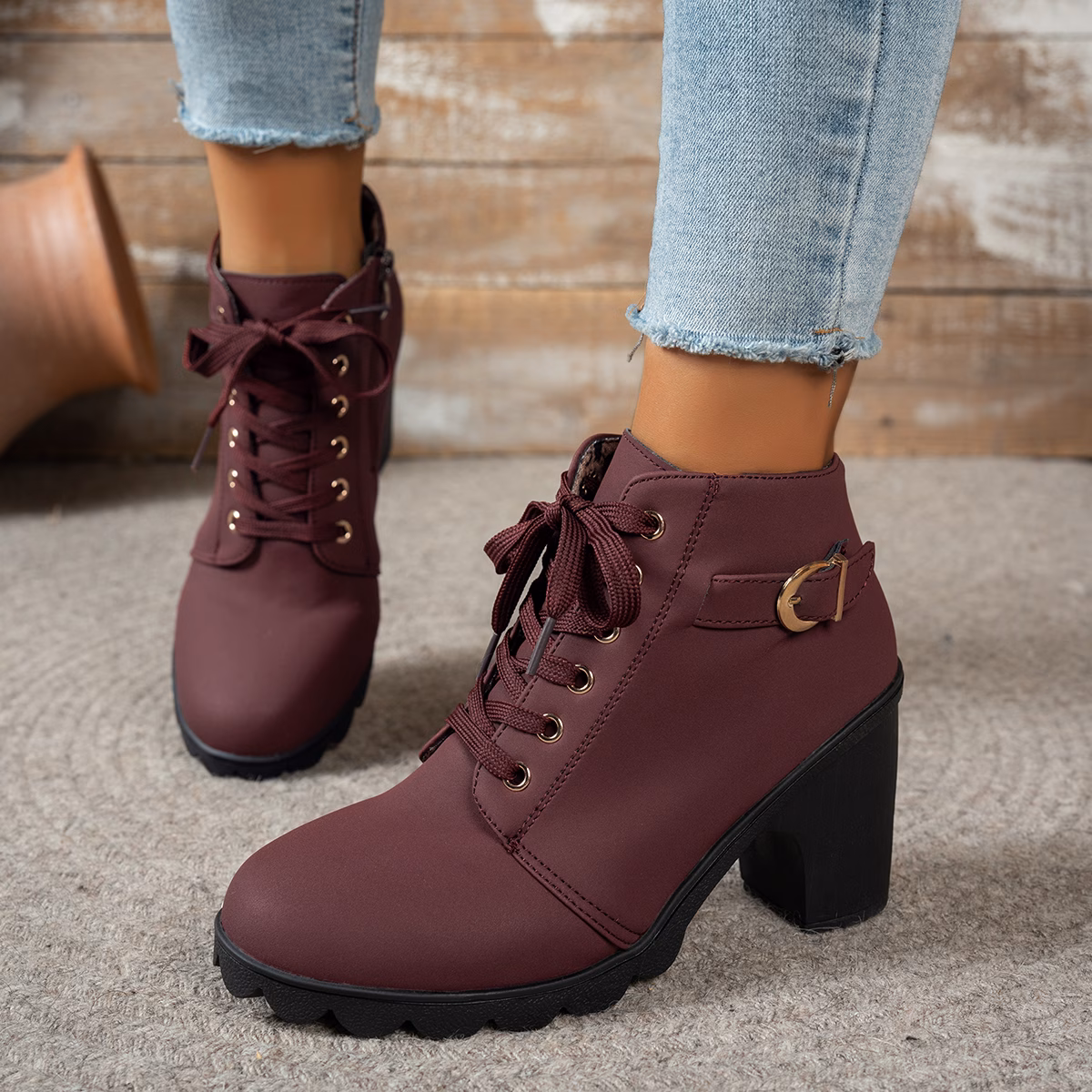 womens chunky heel ankle boots casual lace zipper round toe pu material colors olive green burgundy comfortable fabric lining wear versatile style chunky heel boots durable pu material women shoes details 3
