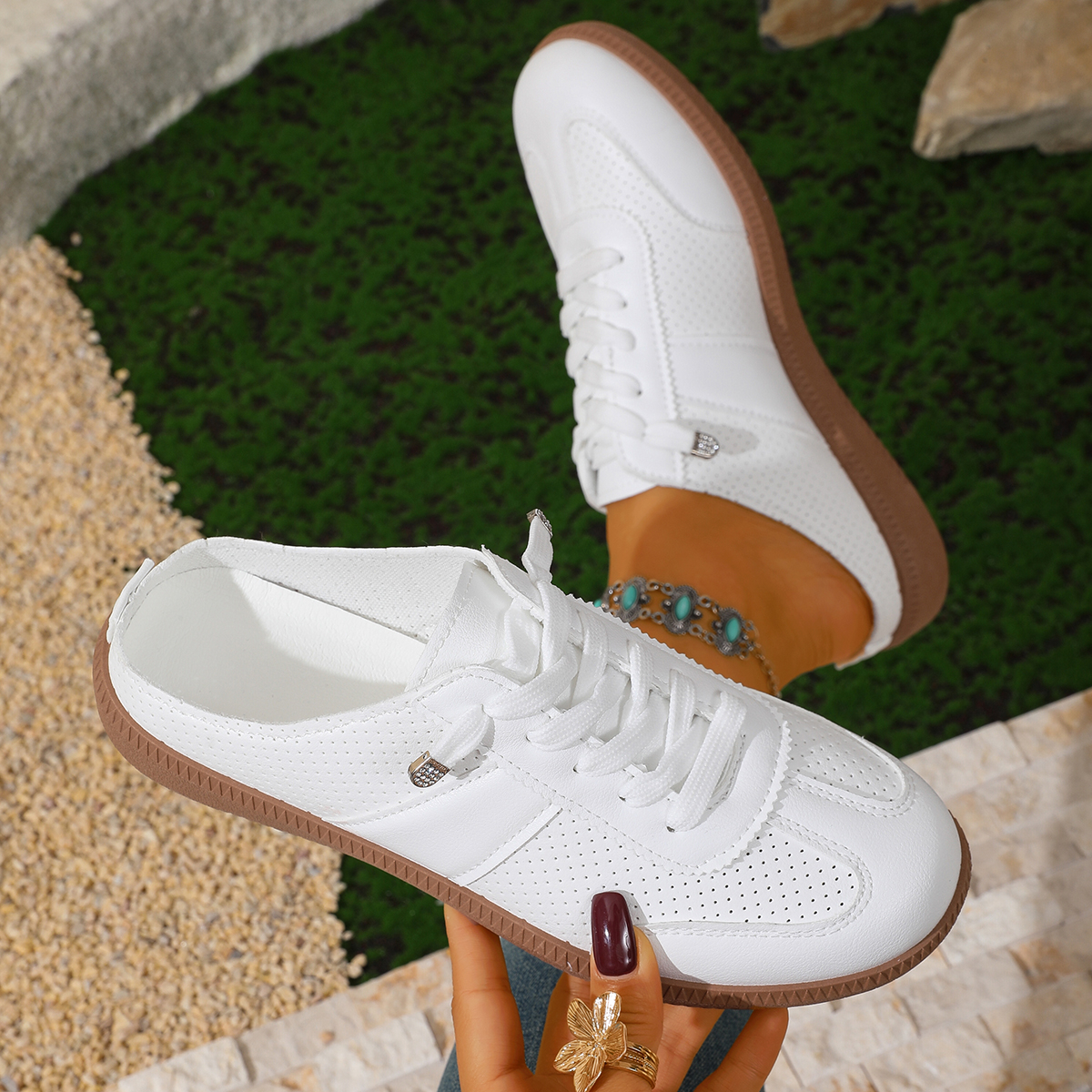 Casual Lace-Up Low-Top Round-Toe Semi-Slippers
