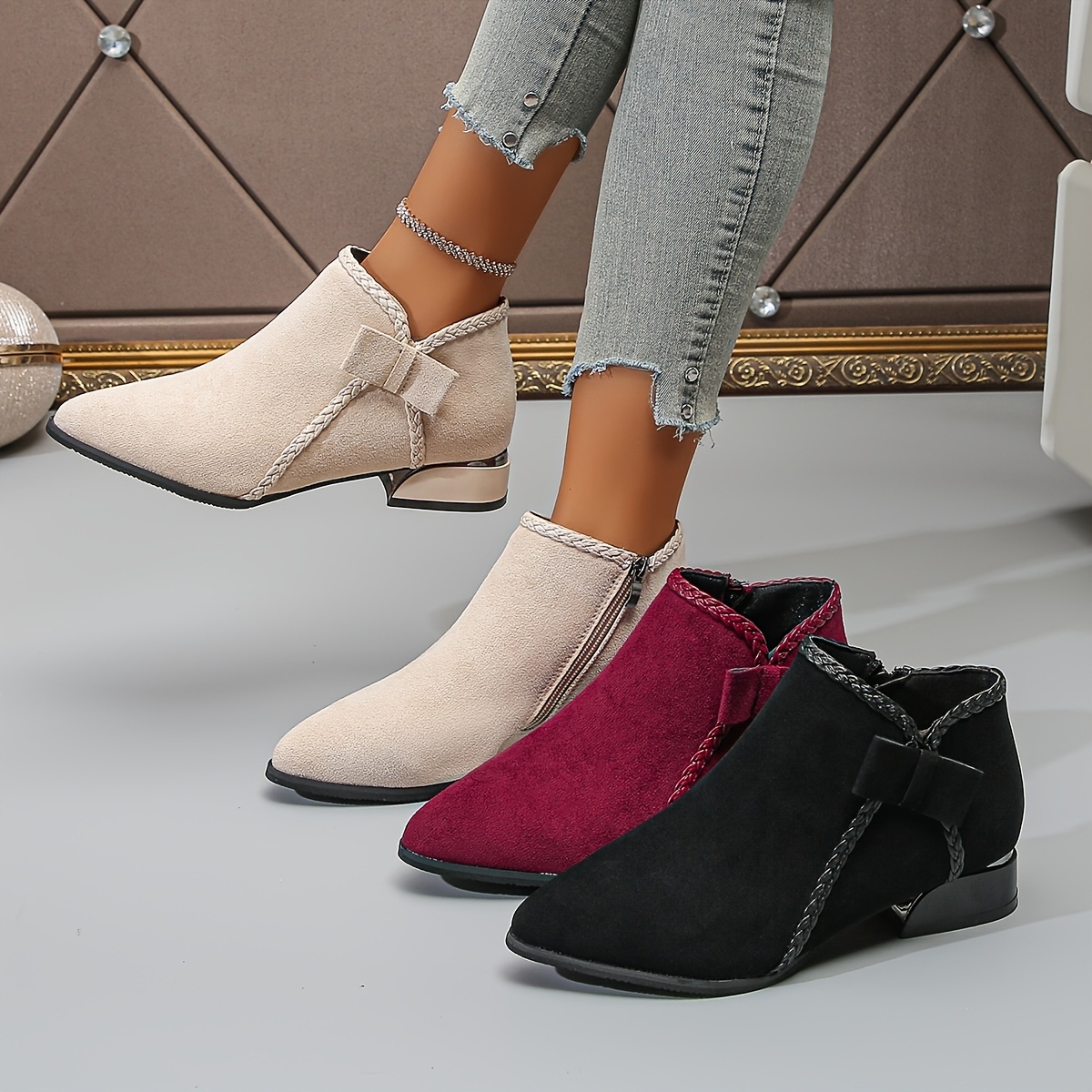 Bowknot Fashion Versatile Chunky Mid Heel Ankle Boots