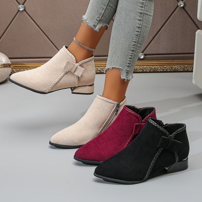 Bowknot Fashion Versatile Chunky Mid Heel Ankle Boots