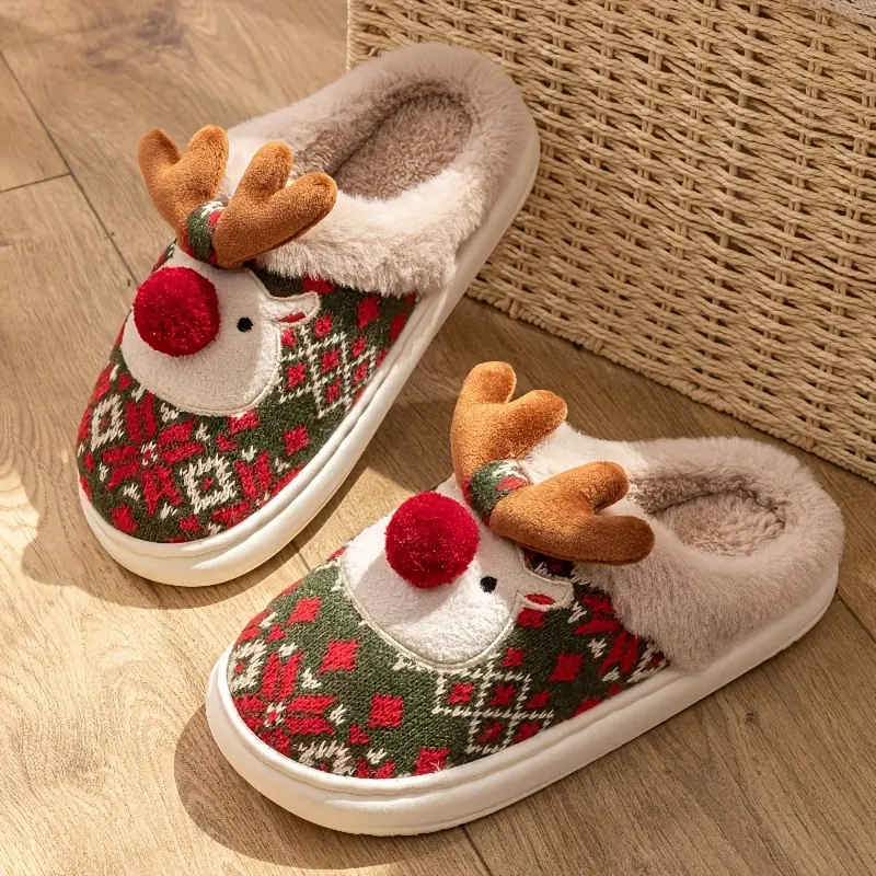christmas deer cartoon fleece lined warm and comfortable round toe slippers cute reindeer indoor fashion slip ons for autumn winter perfect gift ru ldn27216 n details 0