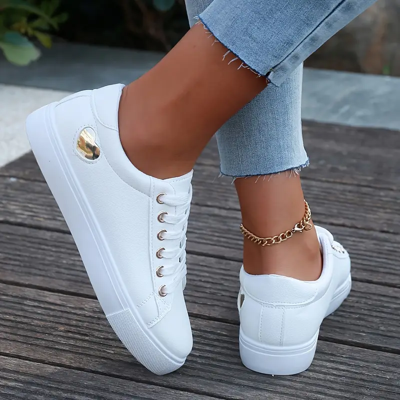 womens white low top sneakers comfortable lace up casual shoes with golden accents rubber sole for all day wear   running yoga casual attire ladies sneakers everyday footwear sleek   fabric lined interior details 0