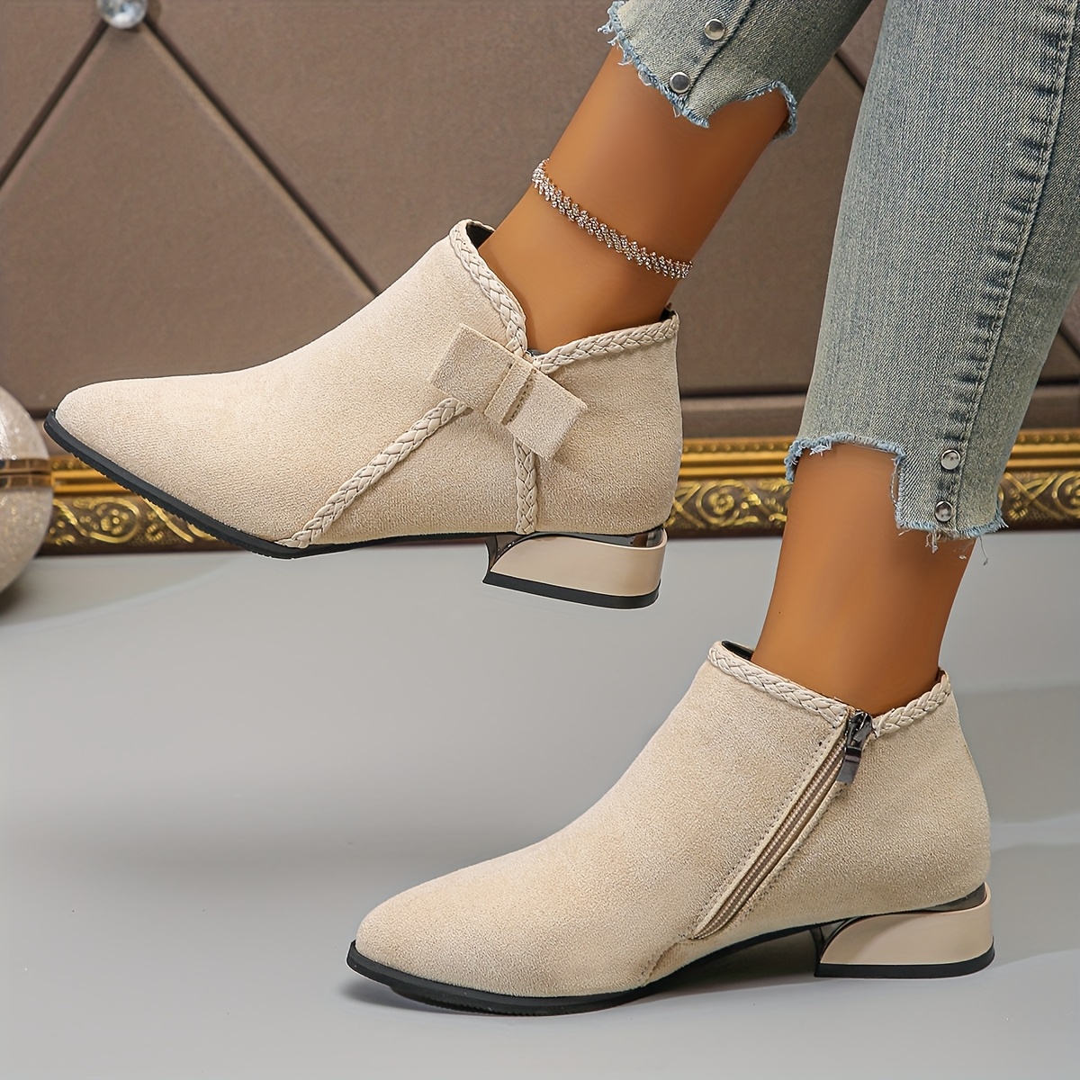 Bowknot Fashion Versatile Chunky Mid Heel Ankle Boots