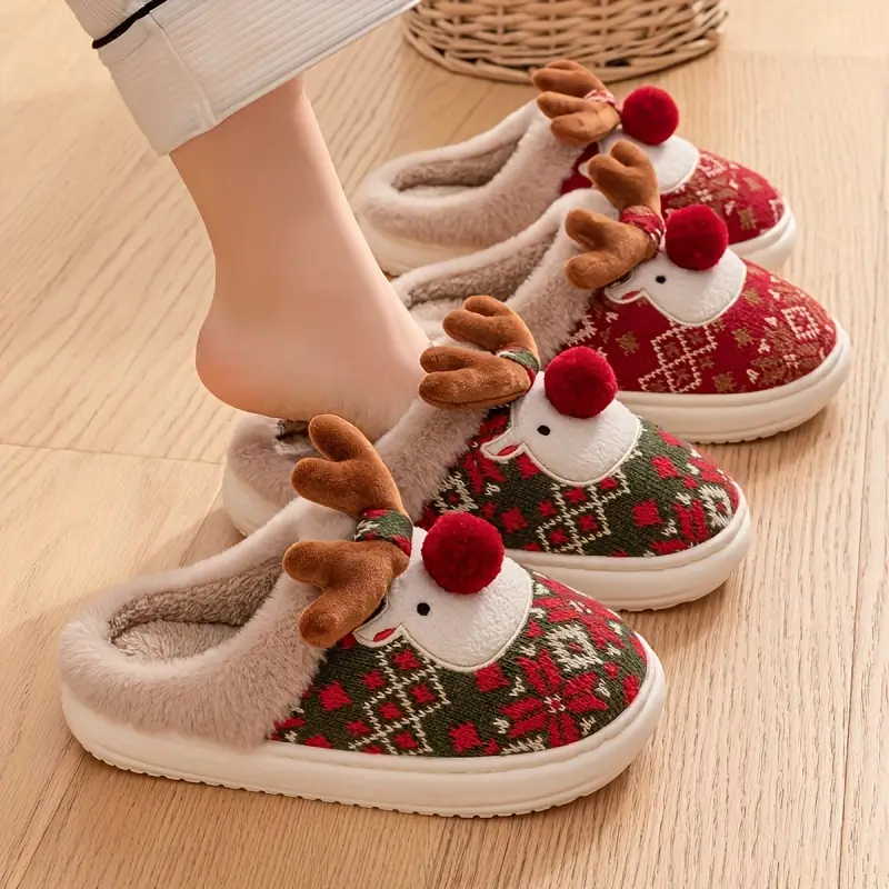 christmas deer cartoon fleece lined warm and comfortable round toe slippers cute reindeer indoor fashion slip ons for autumn winter perfect gift ru ldn27216 n details 1