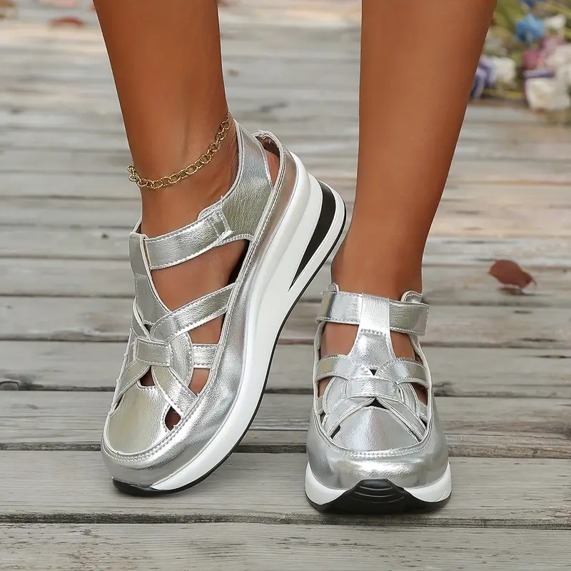 womens casual athletic sandals round toe closed back cut out design strap thick sole   cover black white beige more strappy sandals details 8