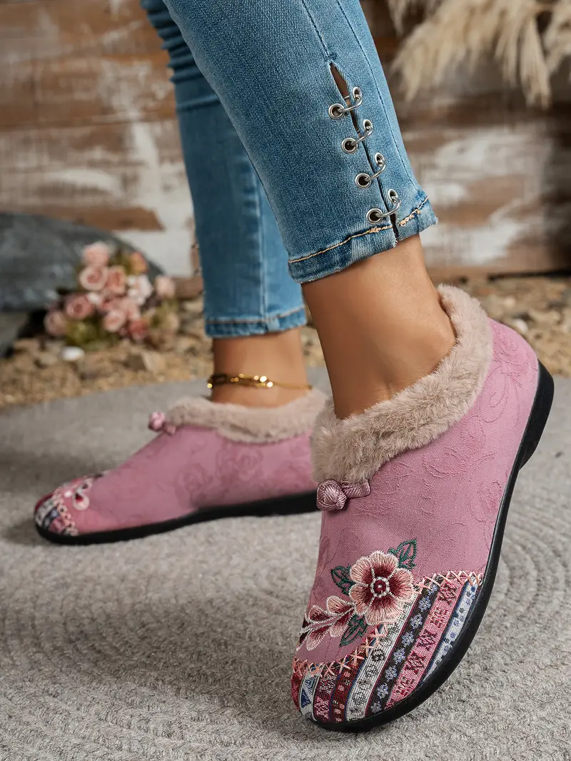 womens low heel floral pattern slippers light green pink   soft fabric and lining thickened shock absorbing insole comfortable indoor outdoor house shoes   hand       pull plush     slipper  wear for women women shoes for fall wide width boots for women designer shoes for women low heel boots for women details 3