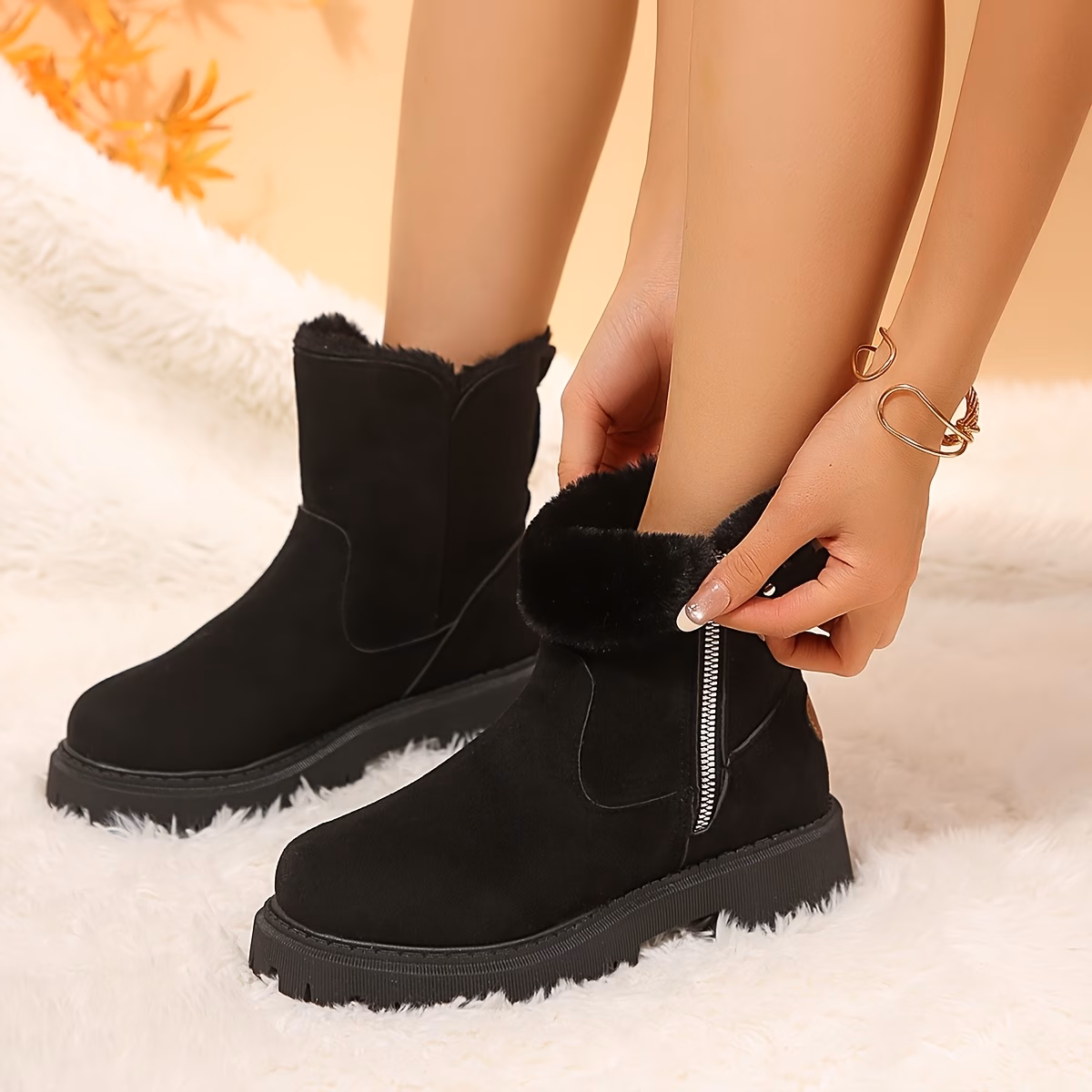 snow boots autumn zipper fashion fleece thickened shoes collar womens short boots women shoes details 5