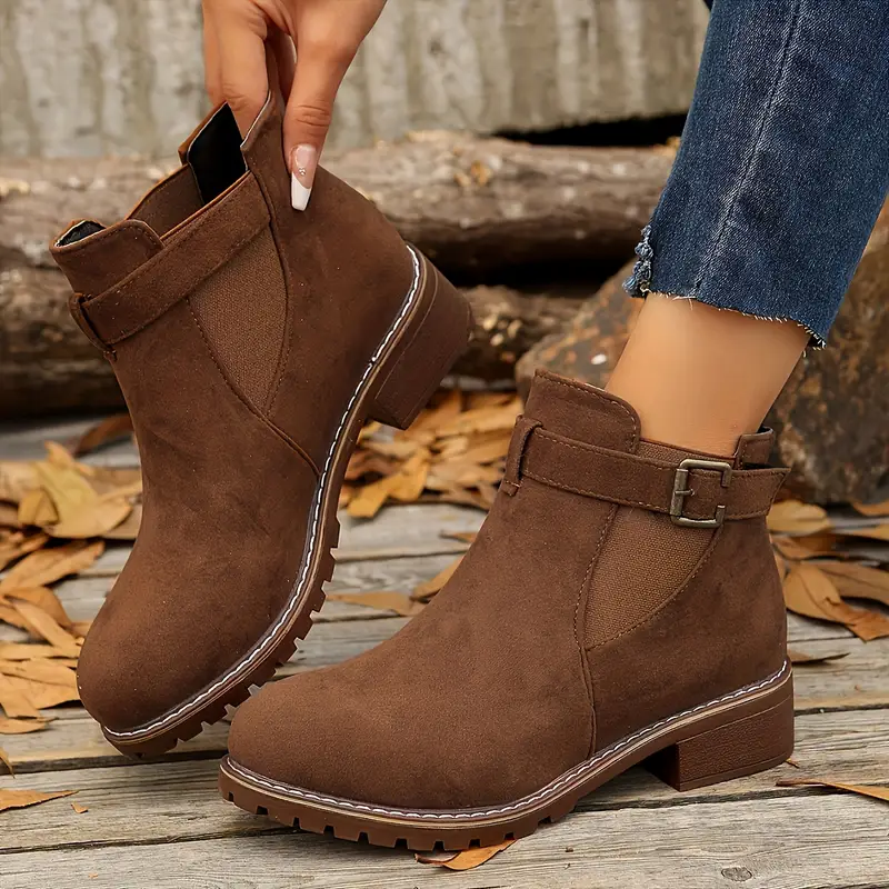 chic women s black ankle boot -  -on, low heel, comfortable fabric lining with   strap detail, versatile fashion footwear details 3