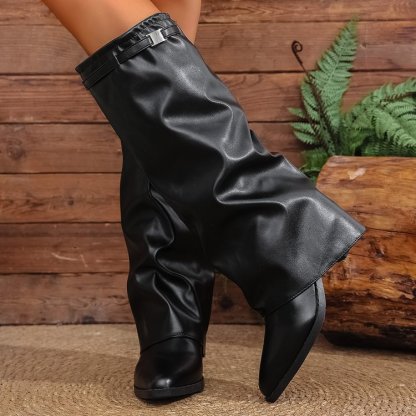 Chunky Block Heel Slip-On Pointed Toe Winter Boots