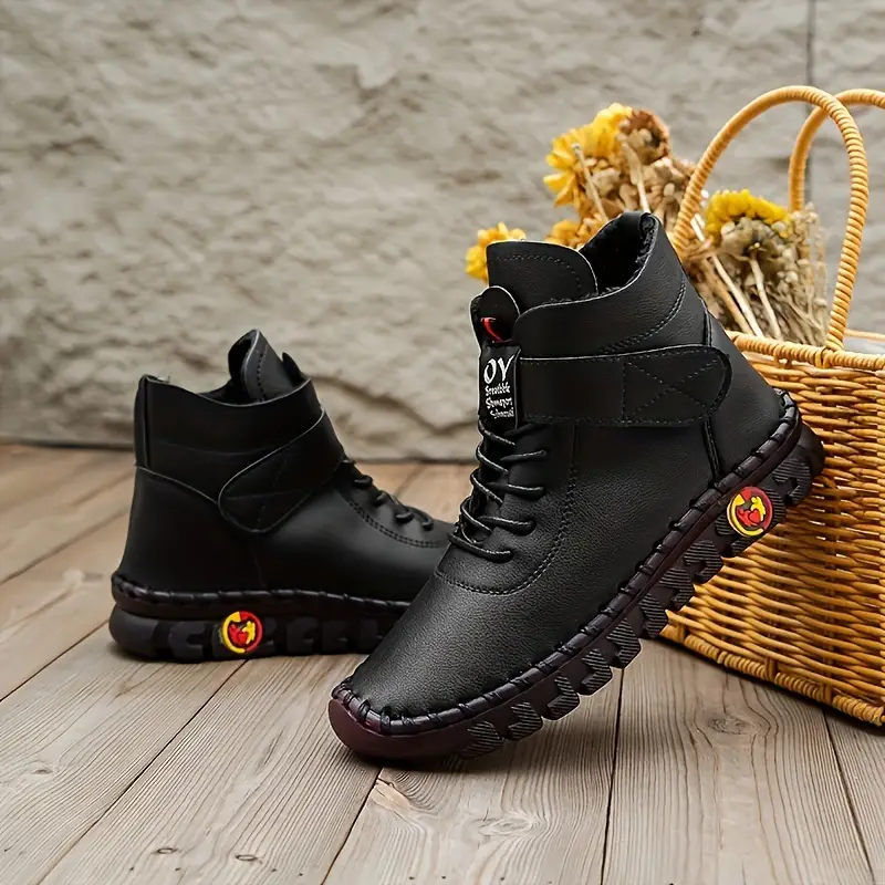 womens new high top anti slip waterproof warm winter boots solid color handcrafted stitching casual fashion shoes with hook and loop fastener round toe flat heel synthetic upper fabric inner insole sole details 7