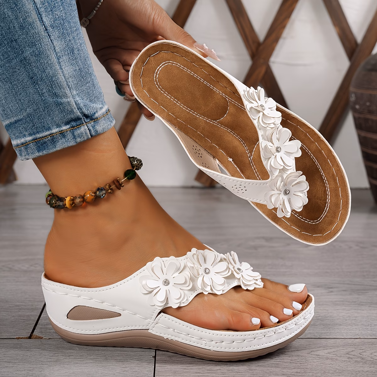 ladies fashion flip flops casual open toe flat sandals with floral decorations comfortable pu sole   wear standard fit details 4
