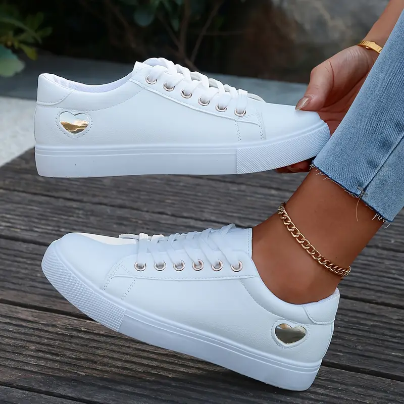 womens white low top sneakers comfortable lace up casual shoes with golden accents rubber sole for all day wear   running yoga casual attire ladies sneakers everyday footwear sleek   fabric lined interior details 5