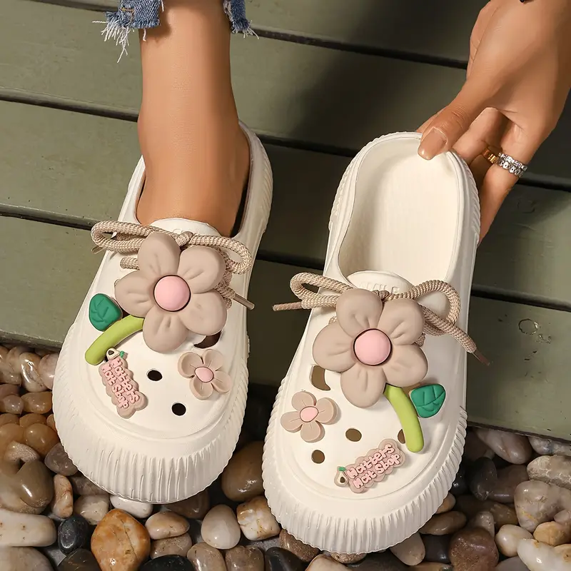 womens flower decor clogs casual hollow out design garden shoes comfortable slip on   details 3