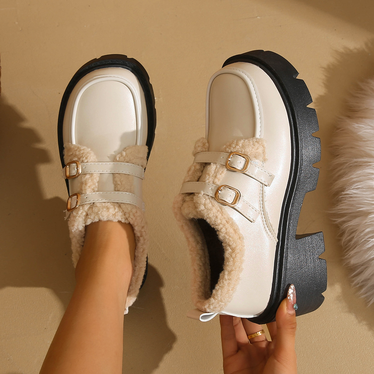 Women's Chunky Heel Winter Warm Leather Shoes