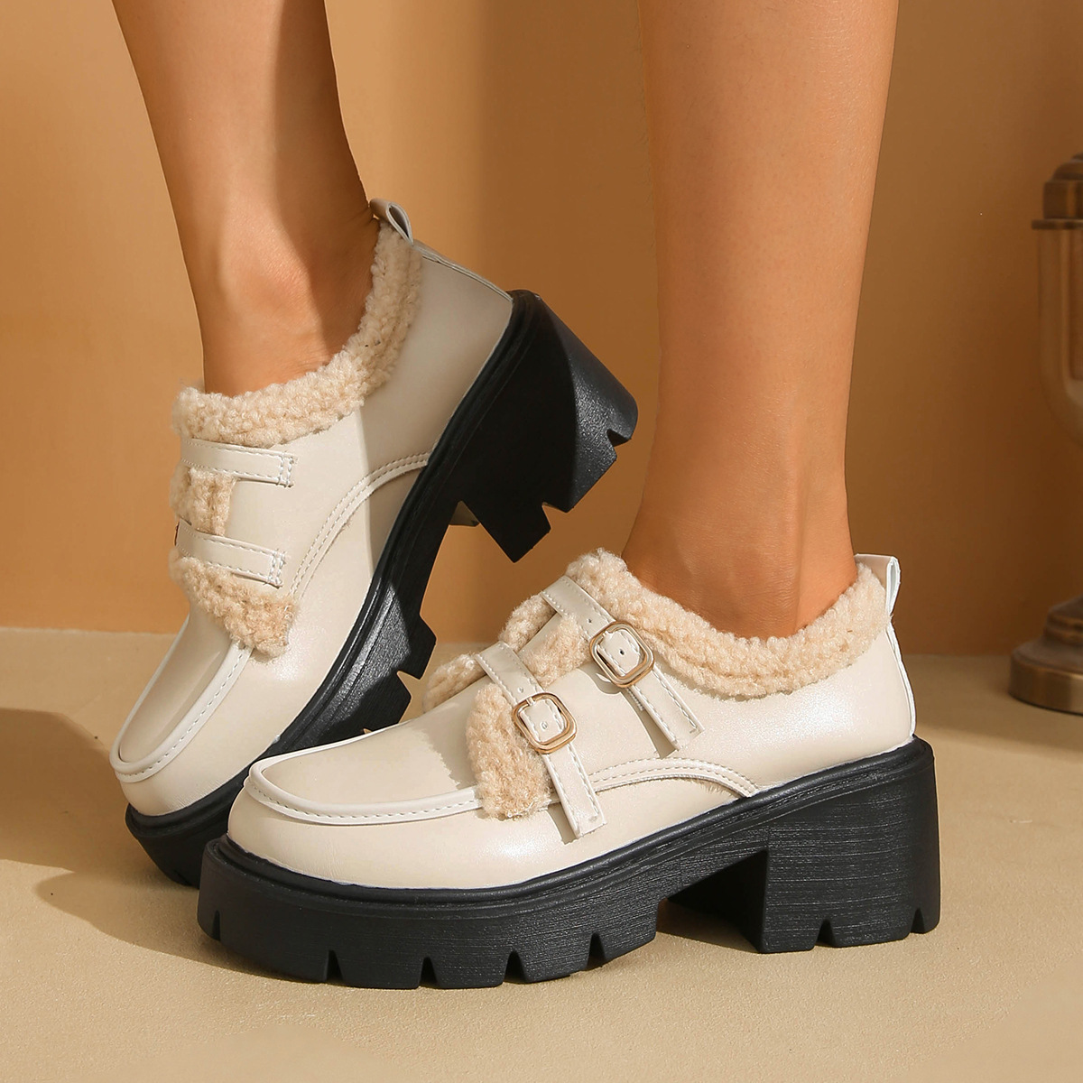 Women's Chunky Heel Winter Warm Leather Shoes