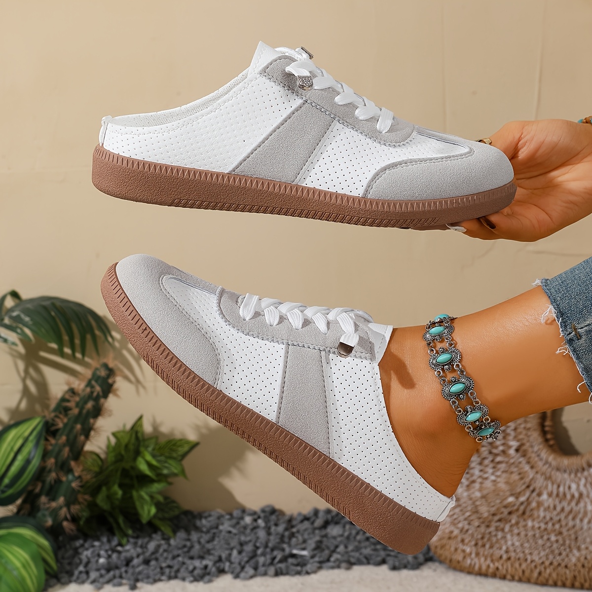 Casual Lace-Up Low-Top Round-Toe Semi-Slippers
