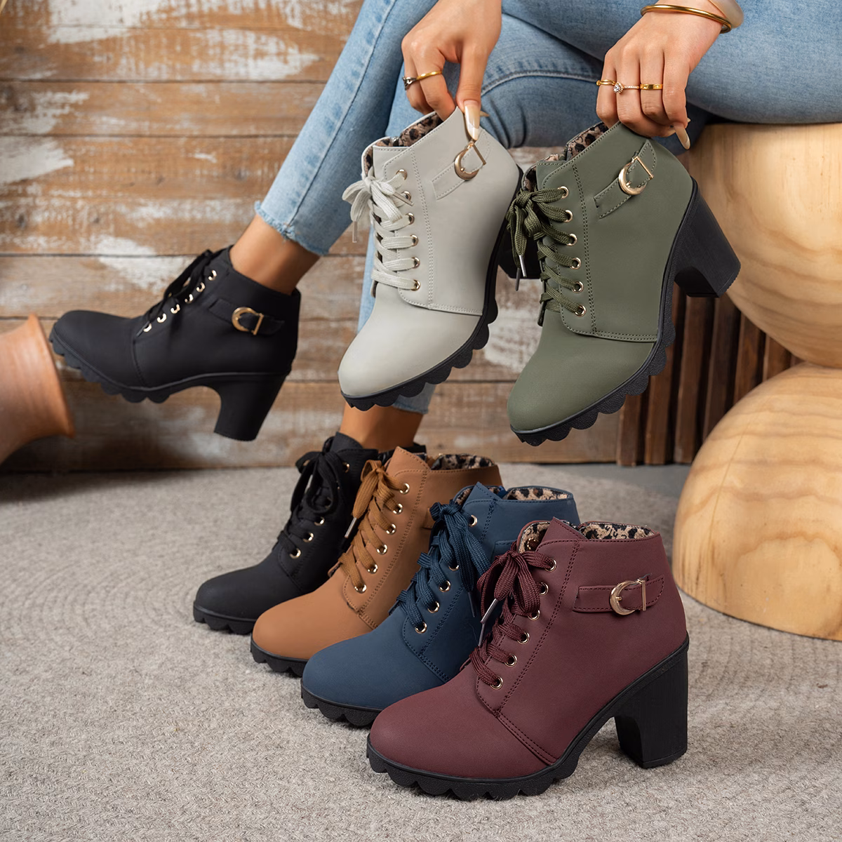 womens chunky heel ankle boots casual lace zipper round toe pu material colors olive green burgundy comfortable fabric lining wear versatile style chunky heel boots durable pu material women shoes details 0