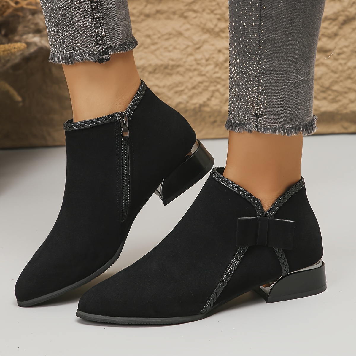 Bowknot Fashion Versatile Chunky Mid Heel Ankle Boots