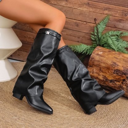 Chunky Block Heel Slip-On Pointed Toe Winter Boots