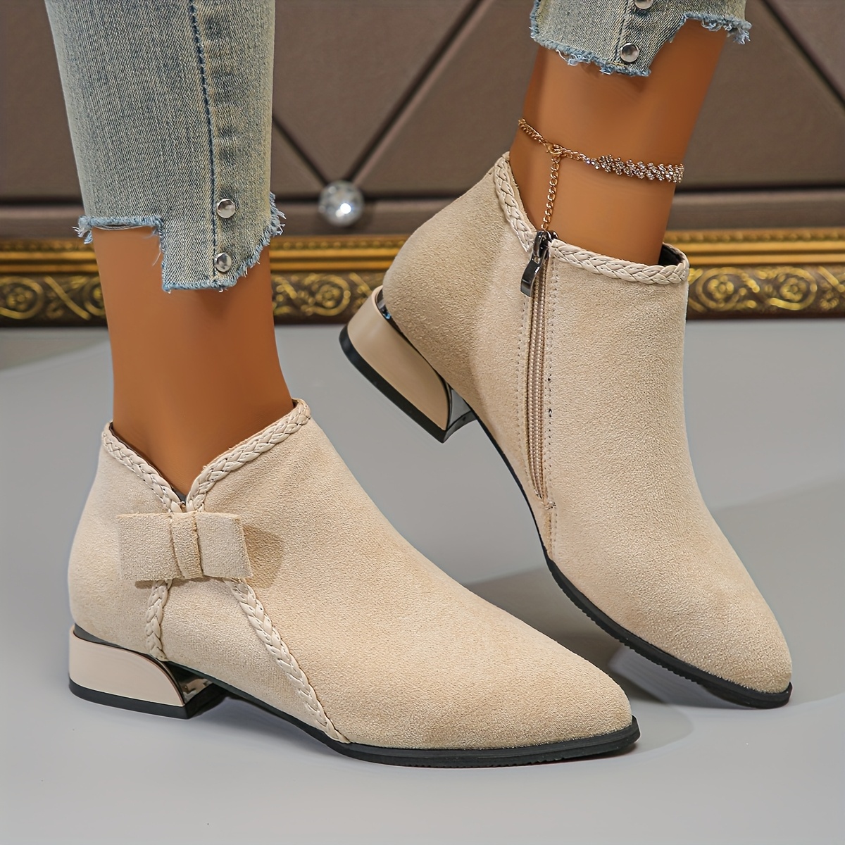 Bowknot Fashion Versatile Chunky Mid Heel Ankle Boots