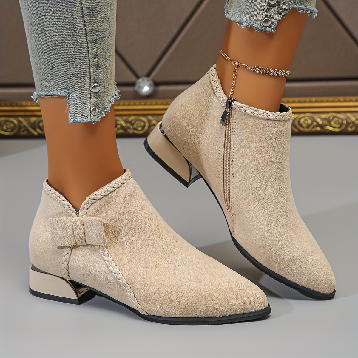 Bowknot Fashion Versatile Chunky Mid Heel Ankle Boots