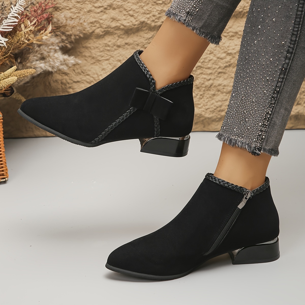 Bowknot Fashion Versatile Chunky Mid Heel Ankle Boots