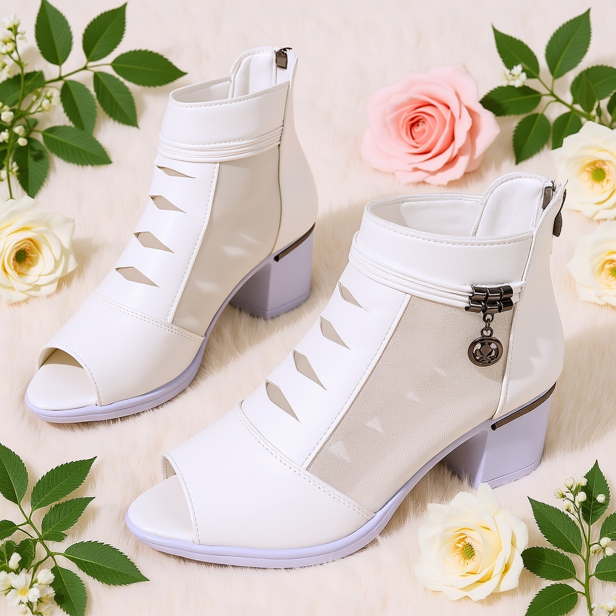 Fashionable Outdoor Mesh Chunky Heeled Peep-Toe Ankle Boots