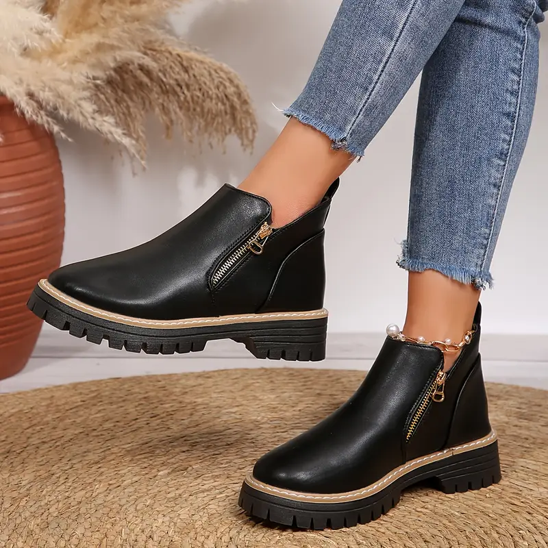 women s chunky platform ankle boots with lace-up & zipper closure -   synthetic cover, round toe, low block heel, comfortable fabric lining & durable rubber sole for casual & formal outfits, versatile footwear, sleek boot design, fabric lined interior details 2