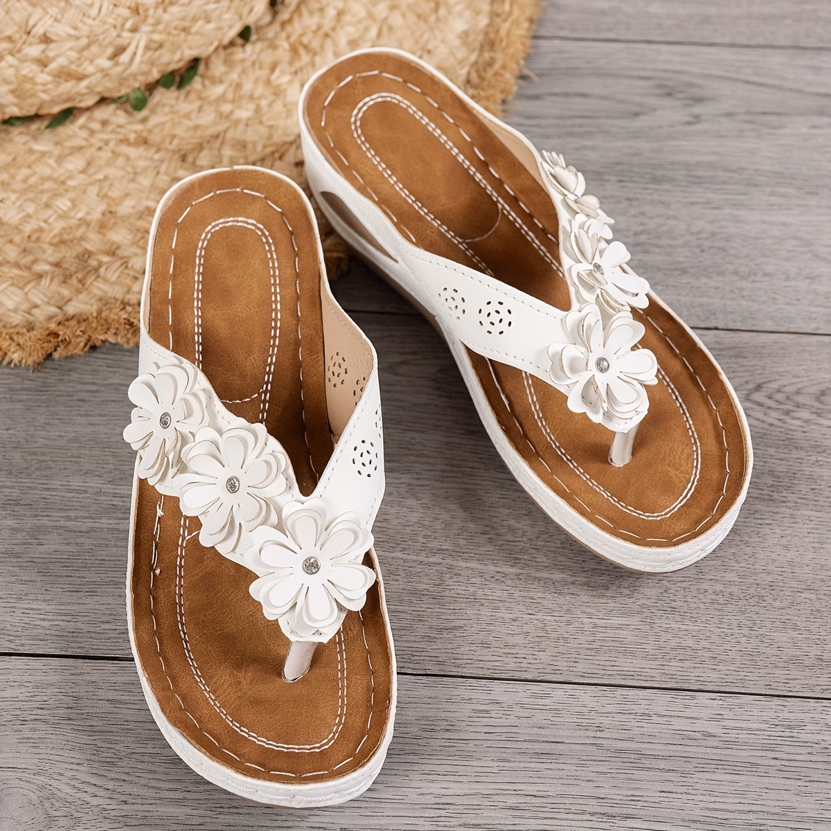 ladies fashion flip flops casual open toe flat sandals with floral decorations comfortable pu sole   wear standard fit details 6