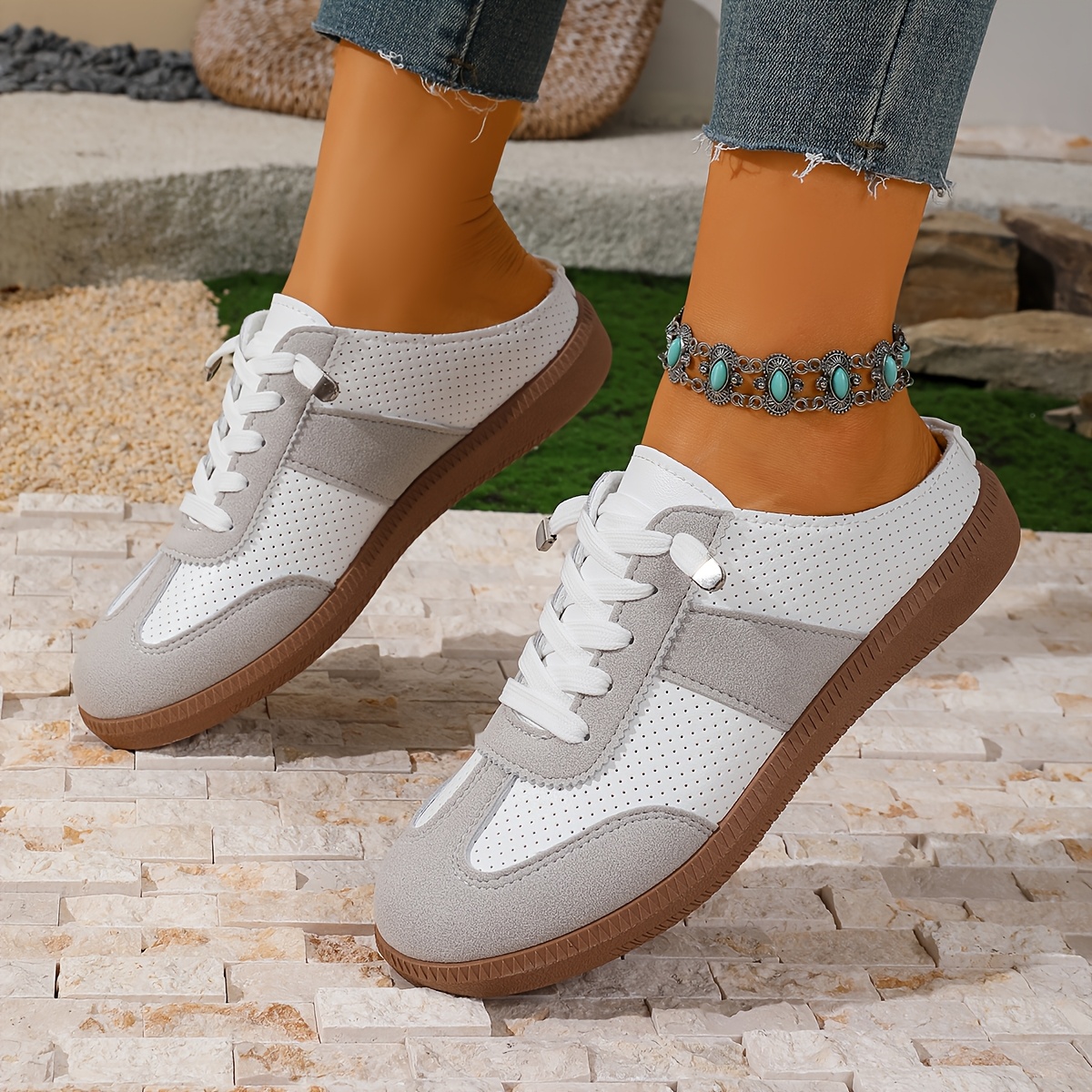 Casual Lace-Up Low-Top Round-Toe Semi-Slippers