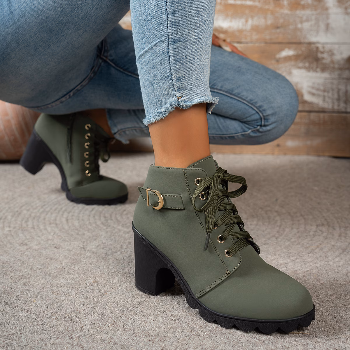 womens chunky heel ankle boots casual lace zipper round toe pu material colors olive green burgundy comfortable fabric lining wear versatile style chunky heel boots durable pu material women shoes details 7