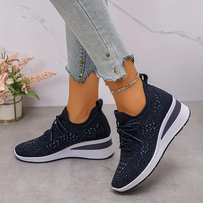 womens   embellished black sneakers comfortable low top lace up casual shoes with thick cushioned sole breathable fabric upper for   wear versatile for commuting   ladies sneakers everyday footwear stylish   durable rubber sole details 4