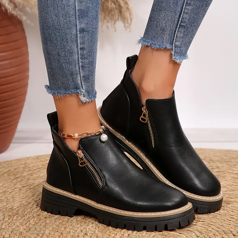 women s chunky platform ankle boots with lace-up & zipper closure -   synthetic cover, round toe, low block heel, comfortable fabric lining & durable rubber sole for casual & formal outfits, versatile footwear, sleek boot design, fabric lined interior details 1