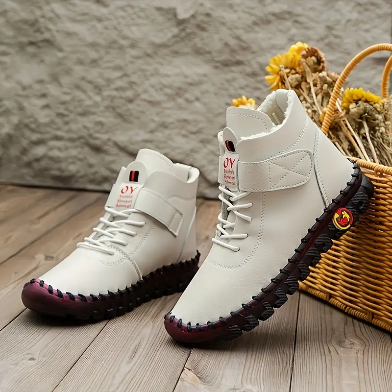 womens new high top anti slip waterproof warm winter boots solid color handcrafted stitching casual fashion shoes with hook and loop fastener round toe flat heel synthetic upper fabric inner insole sole details 1