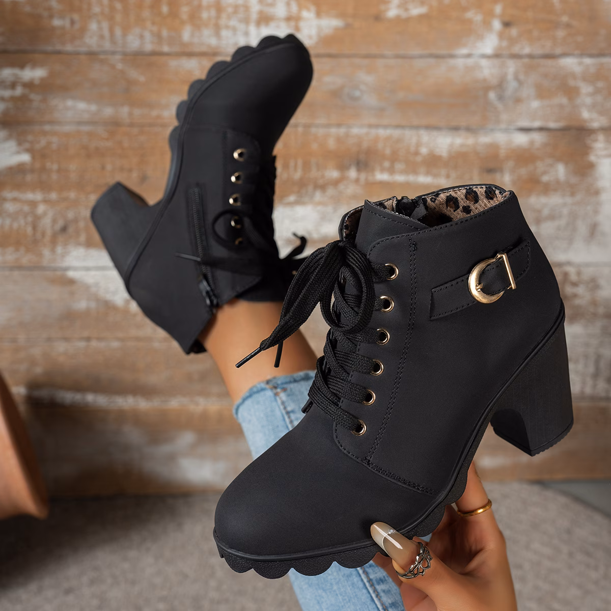 womens chunky heel ankle boots casual lace zipper round toe pu material colors olive green burgundy comfortable fabric lining wear versatile style chunky heel boots durable pu material women shoes details 1
