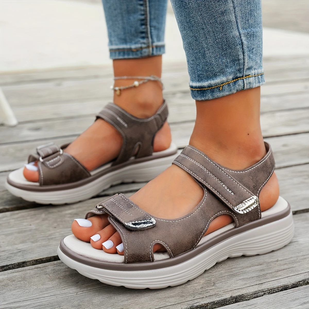 womens elegant   sandals adjustable hook and loop ankle strap breathable pu cover upper cushioned insole comfortable wedge heel for summer beach casual outdoor wear solid   summer beach footwear open toe sandals adjustable strap sandals details 3