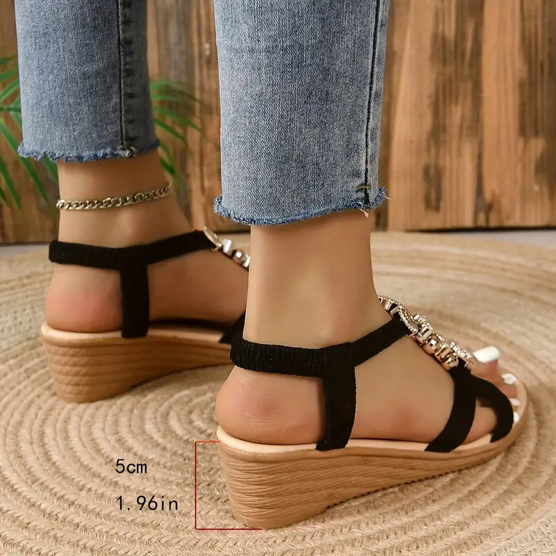 women s summer casual beach sandals with adjustable straps &   accents - open-toe thick cushioned rubber sole, breathable fabric upper for poolside, shopping,   - black, poolside footwear | decorative   | durable traction sole details 3