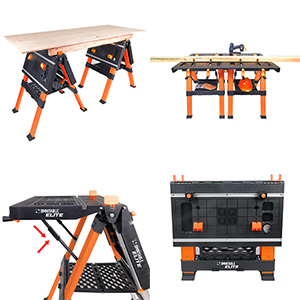 Elite Features: Worktable, table connections, sawhorse mode, compact.