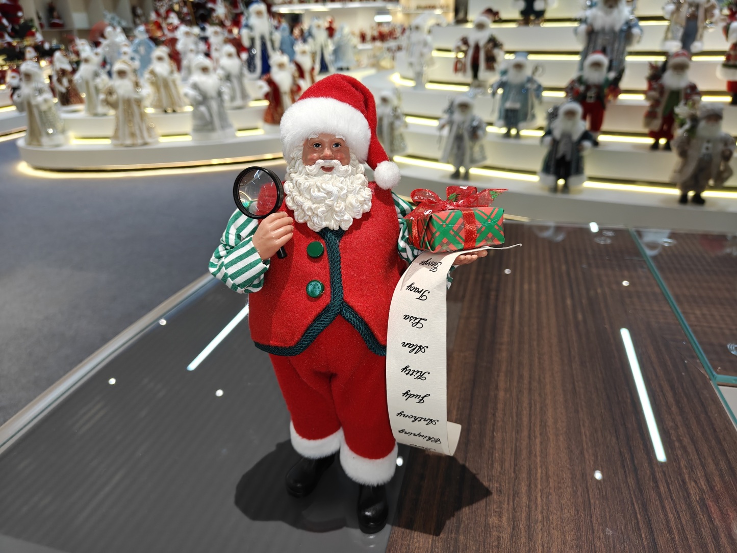 11" STANDING SANTA CLAUS with Magnifying Glass and Xmas Gifts Handmade Polyester & Fabric Santa Claus Doll