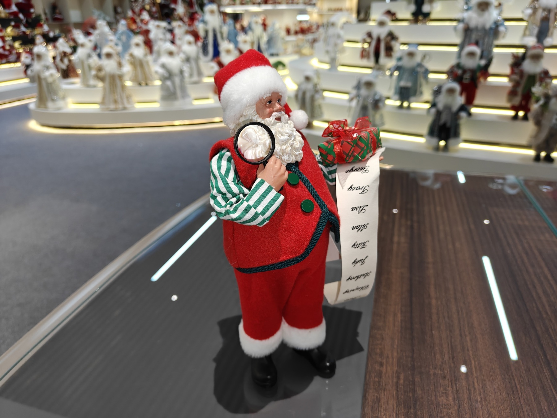 11" STANDING SANTA CLAUS with Magnifying Glass and Xmas Gifts Handmade Polyester & Fabric Santa Claus Doll