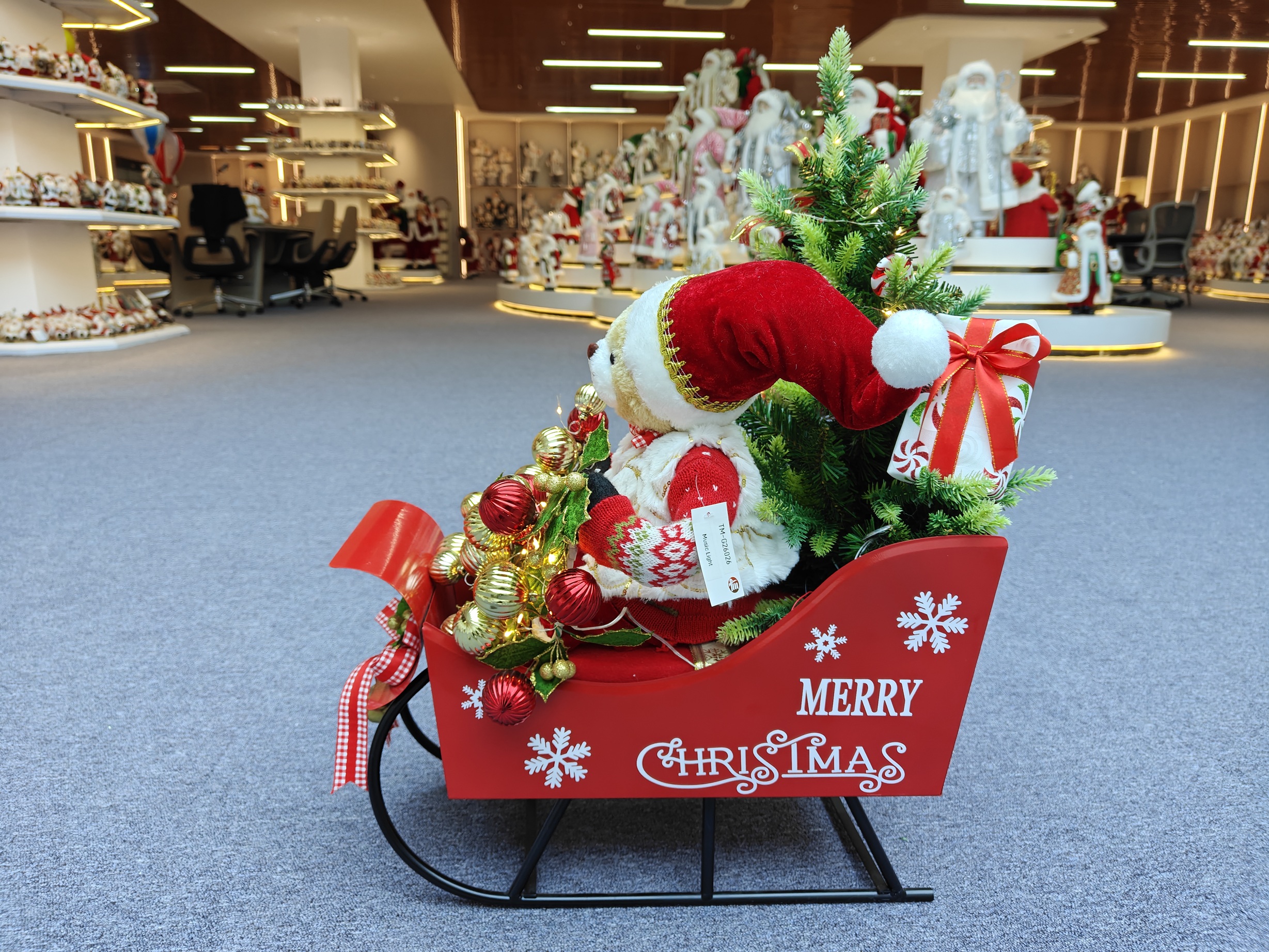 24" Luxury Christmas Santa Bear Doll Sitting on the Sleigh with Musical and Light Xmas Decorations Gifts