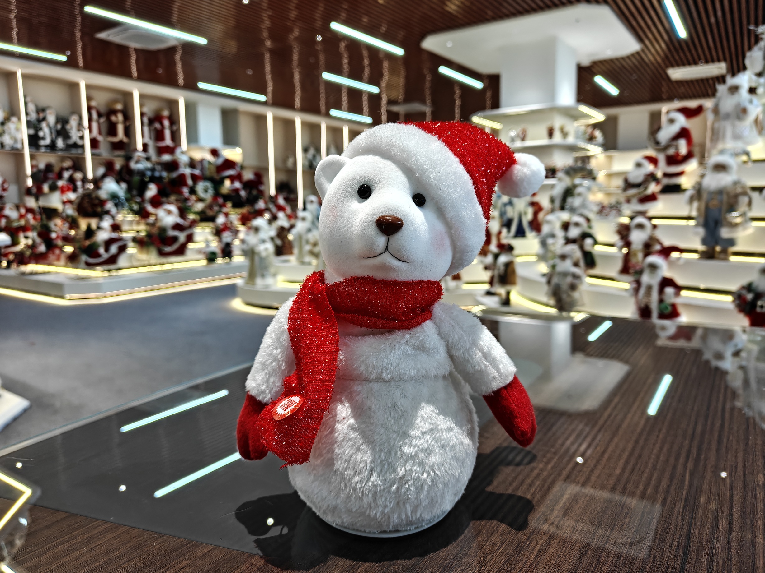 Handmade LED Lighted Music Cute Santa Bear Doll Christmas Ornament Tabletop Decoration for Xmas Gifts Home Display Santa Claus