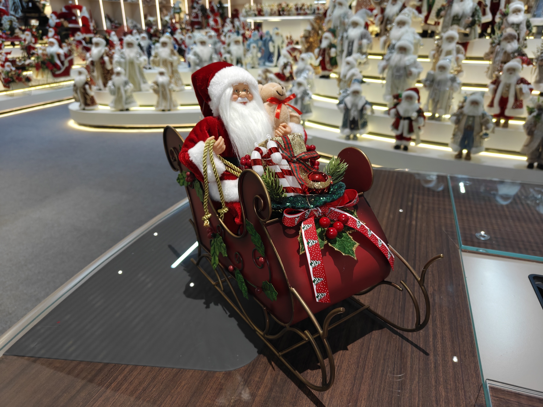 2027 New Classic Christmas Santa Doll Sitting on the Red&Green Sleigh with Music and Light Xmas Decorations Gifts Santa Claus